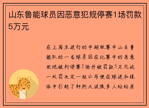 山东鲁能球员因恶意犯规停赛1场罚款5万元